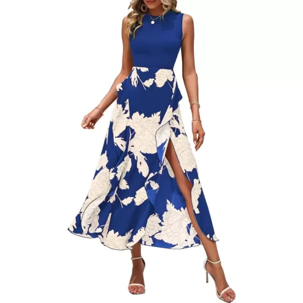 BTFBM Women Casual Sleeveless Summer Dresses 2024 Spring Crewneck Patchwork Boho Floral Ruffle Cocktail Party Midi DressWhite Floral Bright Blue