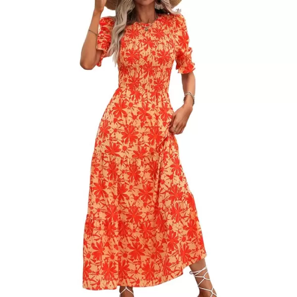 BTFBM Women Casual Summer Dresses 2024 Spring Crew Neck Ruffle Short Sleeve Floral Print Smocked Boho Flowy Maxi DressBig Floral Orange