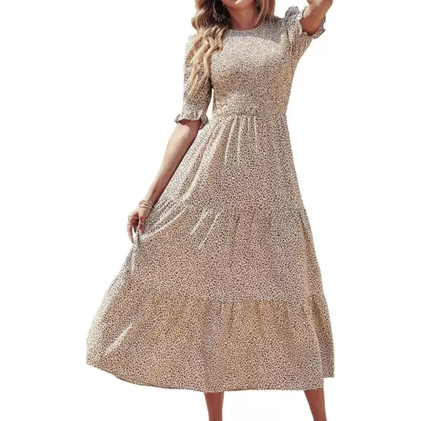 BTFBM Women Casual Summer Dresses 2024 Spring Crew Neck Ruffle Short Sleeve Floral Print Smocked Boho Flowy Maxi DressDot Apricot Coffee