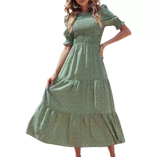 BTFBM Women Casual Summer Dresses 2024 Spring Crew Neck Ruffle Short Sleeve Floral Print Smocked Boho Flowy Maxi DressDot Green White