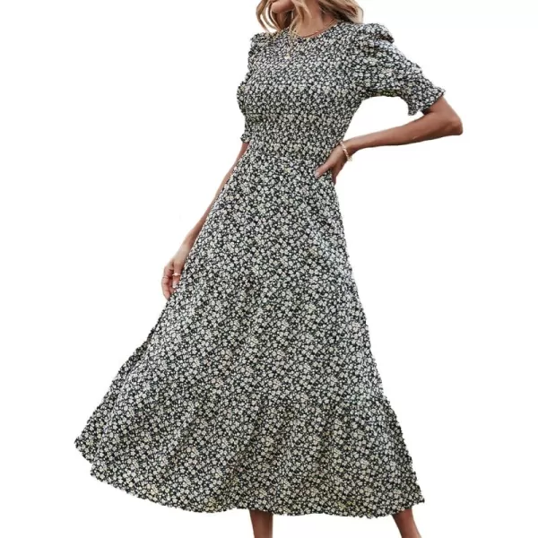 BTFBM Women Casual Summer Dresses 2024 Spring Crew Neck Ruffle Short Sleeve Floral Print Smocked Boho Flowy Maxi DressFloral Black Apricot