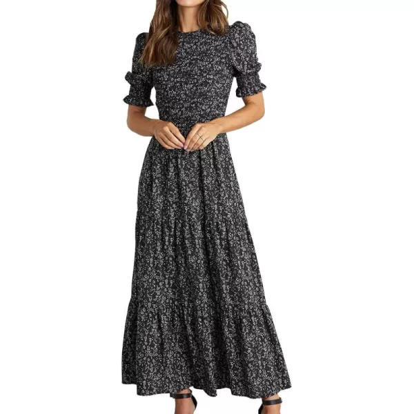BTFBM Women Casual Summer Dresses 2024 Spring Crew Neck Ruffle Short Sleeve Floral Print Smocked Boho Flowy Maxi DressFloral Black White