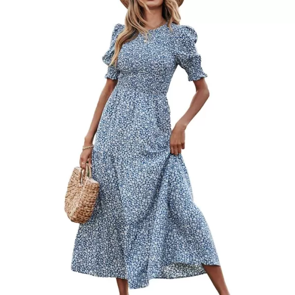BTFBM Women Casual Summer Dresses 2024 Spring Crew Neck Ruffle Short Sleeve Floral Print Smocked Boho Flowy Maxi DressFloral Blue White