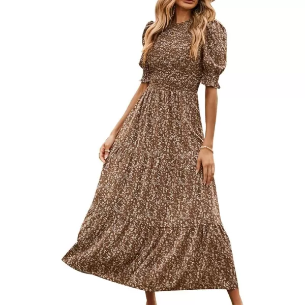 BTFBM Women Casual Summer Dresses 2024 Spring Crew Neck Ruffle Short Sleeve Floral Print Smocked Boho Flowy Maxi DressFloral Coffee White