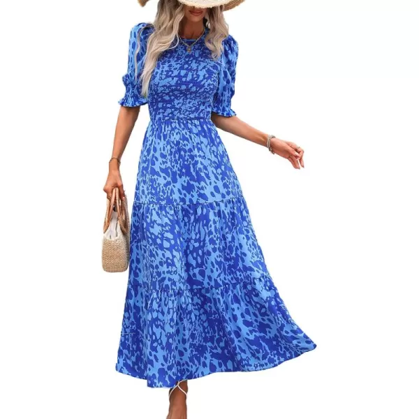 BTFBM Women Casual Summer Dresses 2024 Spring Crew Neck Ruffle Short Sleeve Floral Print Smocked Boho Flowy Maxi DressPrint Blue