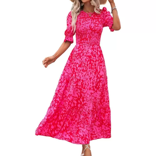 BTFBM Women Casual Summer Dresses 2024 Spring Crew Neck Ruffle Short Sleeve Floral Print Smocked Boho Flowy Maxi DressPrint Rose Red