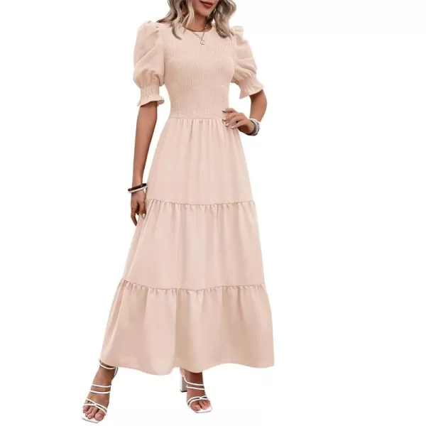 BTFBM Women Casual Summer Dresses 2024 Spring Crew Neck Ruffle Short Sleeve Floral Print Smocked Boho Flowy Maxi DressSolid Beige