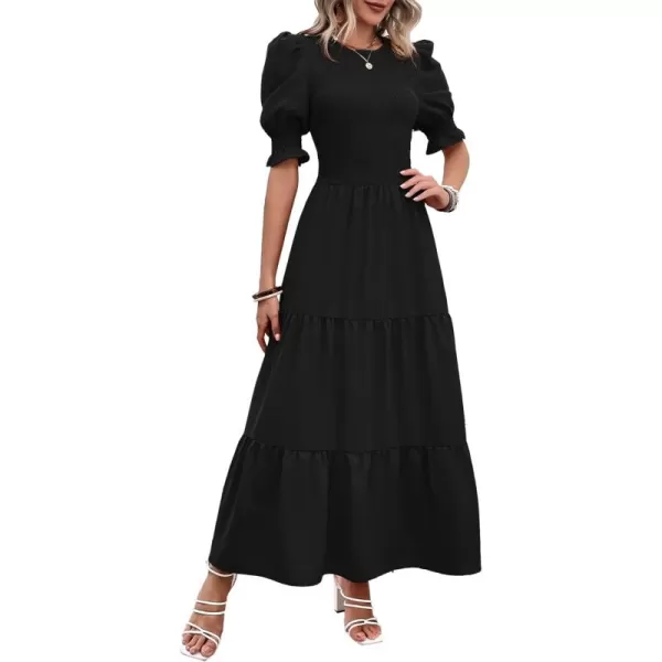 BTFBM Women Casual Summer Dresses 2024 Spring Crew Neck Ruffle Short Sleeve Floral Print Smocked Boho Flowy Maxi DressSolid Black