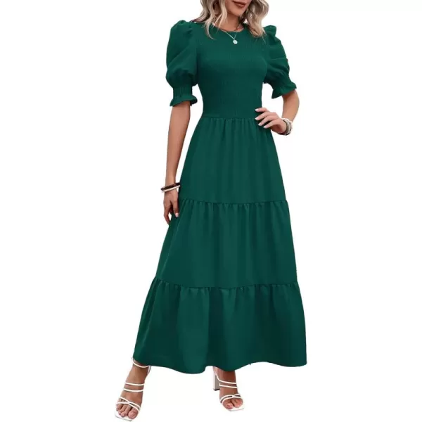 BTFBM Women Casual Summer Dresses 2024 Spring Crew Neck Ruffle Short Sleeve Floral Print Smocked Boho Flowy Maxi DressSolid Dark Green