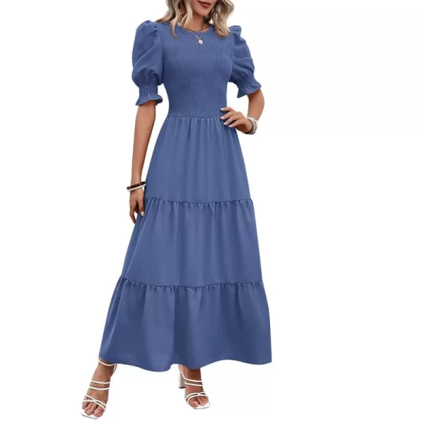 BTFBM Women Casual Summer Dresses 2024 Spring Crew Neck Ruffle Short Sleeve Floral Print Smocked Boho Flowy Maxi DressSolid Grey Blue
