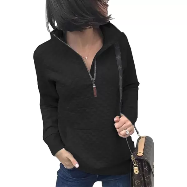 BTFBM Women Fashion Quilted Pattern Lightweight Zipper Long Sleeve Plain Casual Ladies Sweatshirts Pullovers Shirts TopsBlack