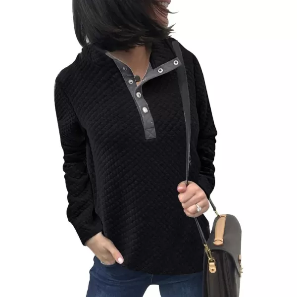 BTFBM Women Fashion Quilted Pattern Lightweight Zipper Long Sleeve Plain Casual Ladies Sweatshirts Pullovers Shirts TopsButton Black