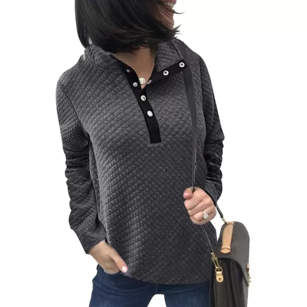 BTFBM Women Fashion Quilted Pattern Lightweight Zipper Long Sleeve Plain Casual Ladies Sweatshirts Pullovers Shirts TopsButtons Grey