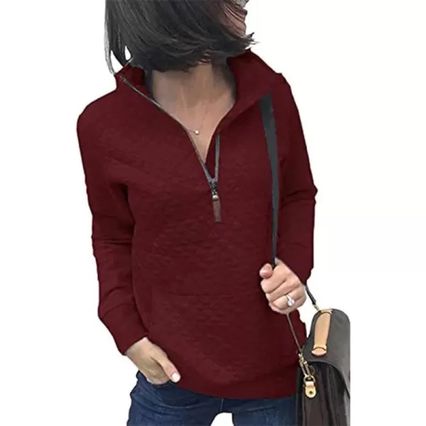 BTFBM Women Fashion Quilted Pattern Lightweight Zipper Long Sleeve Plain Casual Ladies Sweatshirts Pullovers Shirts TopsWine Red