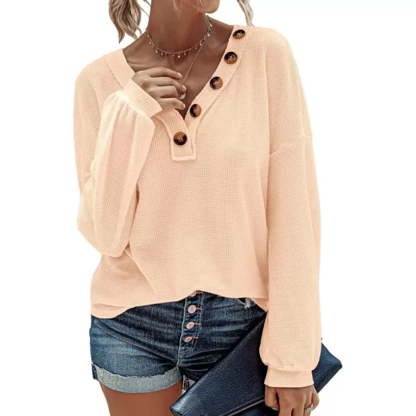 BTFBM Women Long Sleeve Shirts 2024 Fall Fashion V Neck Loose Casual Blouse Deco Button Lightweight Waffle Knit PulloverApricot