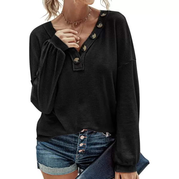 BTFBM Women Long Sleeve Shirts 2024 Fall Fashion V Neck Loose Casual Blouse Deco Button Lightweight Waffle Knit PulloverBlack