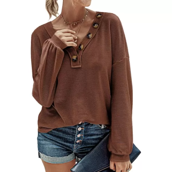 BTFBM Women Long Sleeve Shirts 2024 Fall Fashion V Neck Loose Casual Blouse Deco Button Lightweight Waffle Knit PulloverBrown