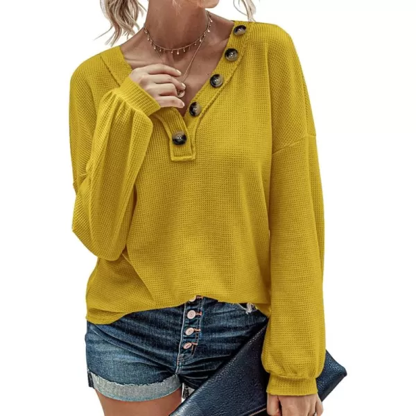 BTFBM Women Long Sleeve Shirts 2024 Fall Fashion V Neck Loose Casual Blouse Deco Button Lightweight Waffle Knit PulloverMustard Yellow
