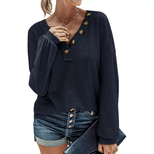 BTFBM Women Long Sleeve Shirts 2024 Fall Fashion V Neck Loose Casual Blouse Deco Button Lightweight Waffle Knit PulloverNavy