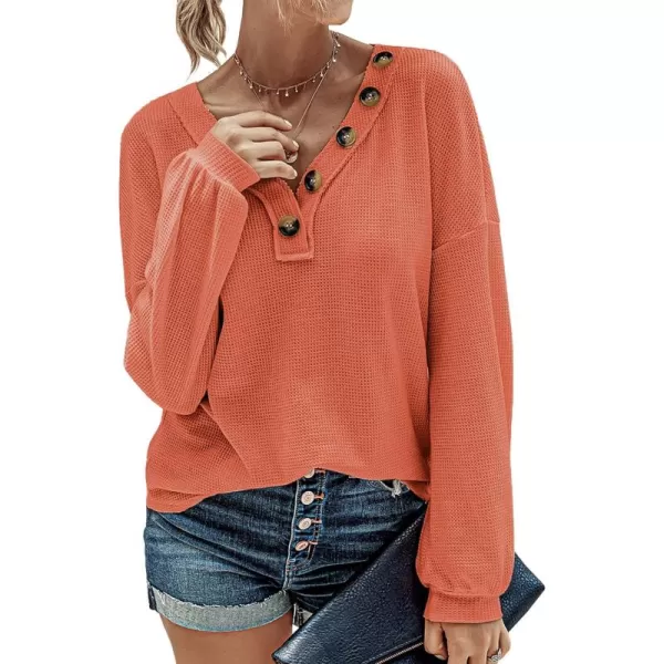 BTFBM Women Long Sleeve Shirts 2024 Fall Fashion V Neck Loose Casual Blouse Deco Button Lightweight Waffle Knit PulloverOrange