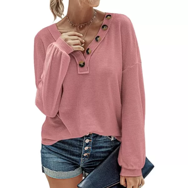 BTFBM Women Long Sleeve Shirts 2024 Fall Fashion V Neck Loose Casual Blouse Deco Button Lightweight Waffle Knit PulloverRose Pink