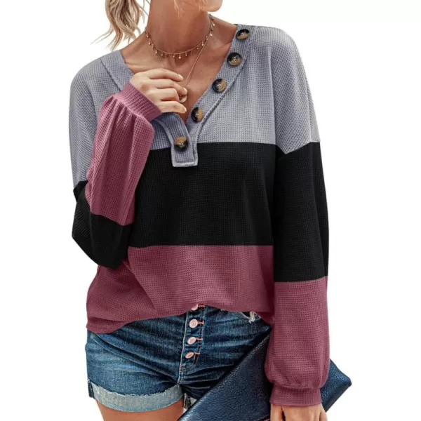 BTFBM Women Long Sleeve Shirts 2024 Fall Fashion V Neck Loose Casual Blouse Deco Button Lightweight Waffle Knit PulloverStripe Black