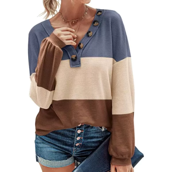 BTFBM Women Long Sleeve Shirts 2024 Fall Fashion V Neck Loose Casual Blouse Deco Button Lightweight Waffle Knit PulloverStripe Blue