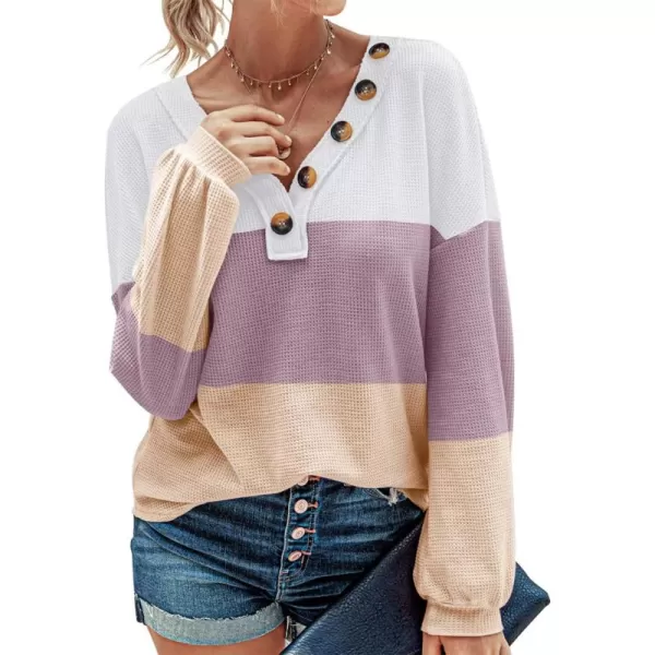 BTFBM Women Long Sleeve Shirts 2024 Fall Fashion V Neck Loose Casual Blouse Deco Button Lightweight Waffle Knit PulloverStripe White