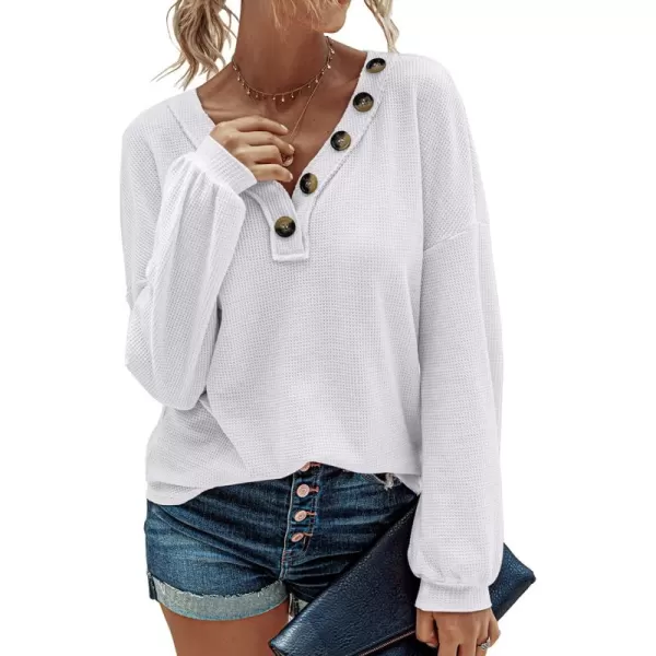 BTFBM Women Long Sleeve Shirts 2024 Fall Fashion V Neck Loose Casual Blouse Deco Button Lightweight Waffle Knit PulloverWhite