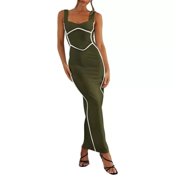 BTFBM Women Maxi Bodycon Dresses Square Neck Sleeveless Contrast Binding Split Cocktail Party Club Tank Long Dress 2024Solid Army Green