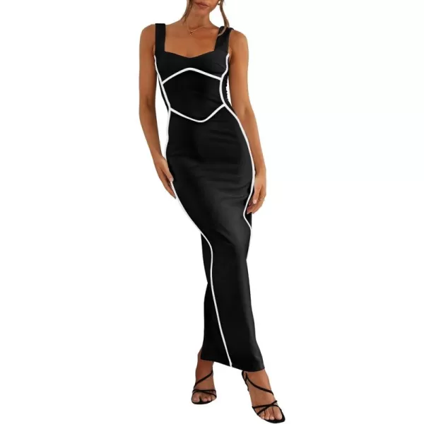BTFBM Women Maxi Bodycon Dresses Square Neck Sleeveless Contrast Binding Split Cocktail Party Club Tank Long Dress 2024Solid Black