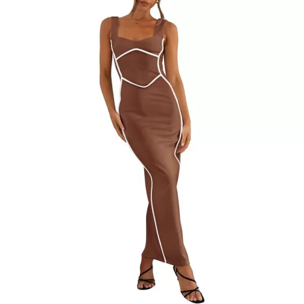 BTFBM Women Maxi Bodycon Dresses Square Neck Sleeveless Contrast Binding Split Cocktail Party Club Tank Long Dress 2024Solid Coffee