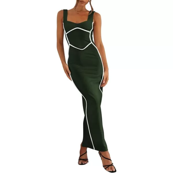 BTFBM Women Maxi Bodycon Dresses Square Neck Sleeveless Contrast Binding Split Cocktail Party Club Tank Long Dress 2024Solid Dark Green