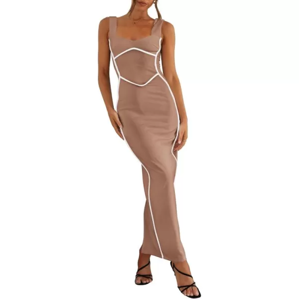 BTFBM Women Maxi Bodycon Dresses Square Neck Sleeveless Contrast Binding Split Cocktail Party Club Tank Long Dress 2024Solid Khaki