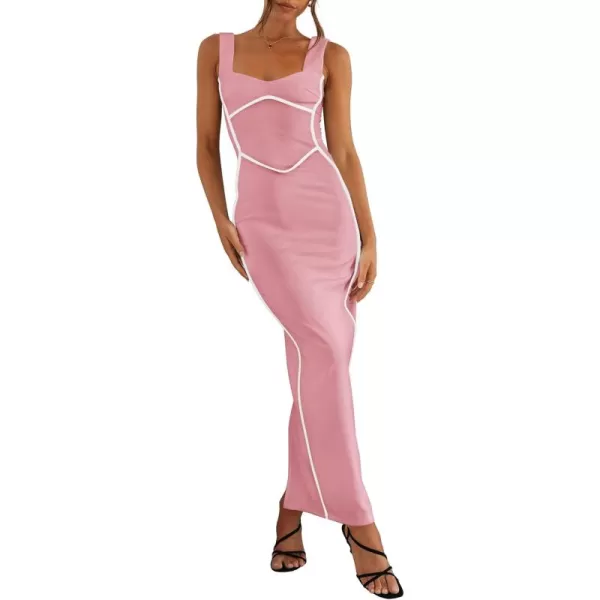 BTFBM Women Maxi Bodycon Dresses Square Neck Sleeveless Contrast Binding Split Cocktail Party Club Tank Long Dress 2024Solid Light Pink