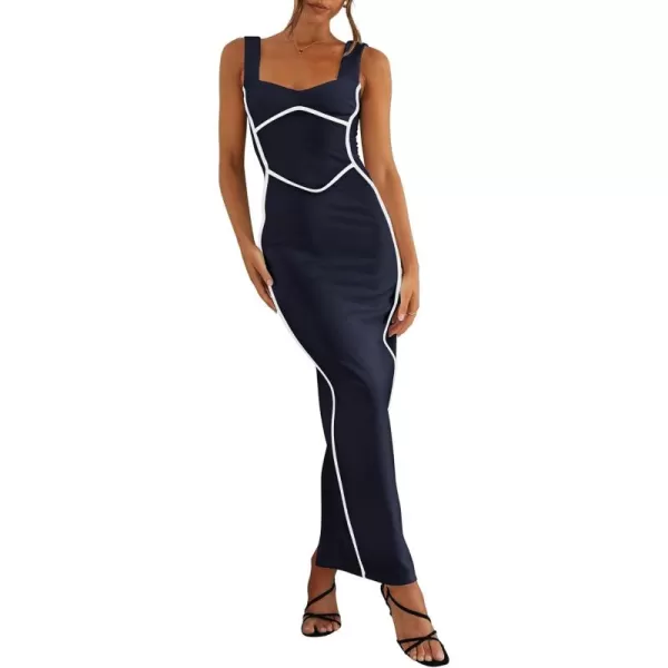 BTFBM Women Maxi Bodycon Dresses Square Neck Sleeveless Contrast Binding Split Cocktail Party Club Tank Long Dress 2024Solid Navy