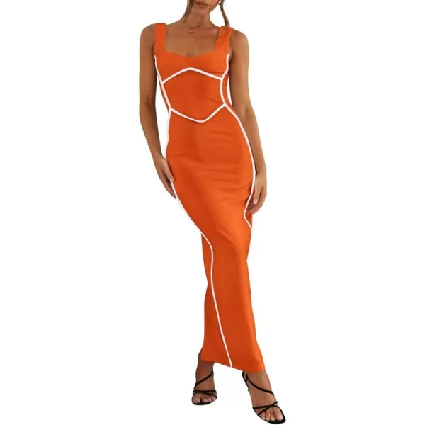 BTFBM Women Maxi Bodycon Dresses Square Neck Sleeveless Contrast Binding Split Cocktail Party Club Tank Long Dress 2024Solid Orange