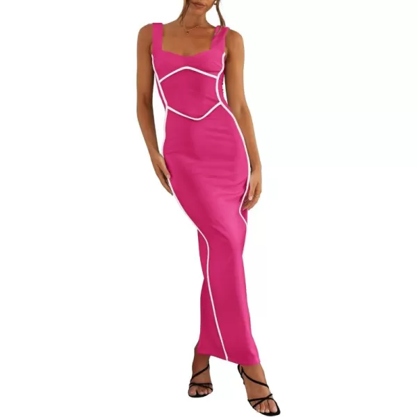BTFBM Women Maxi Bodycon Dresses Square Neck Sleeveless Contrast Binding Split Cocktail Party Club Tank Long Dress 2024Solid Rose Red