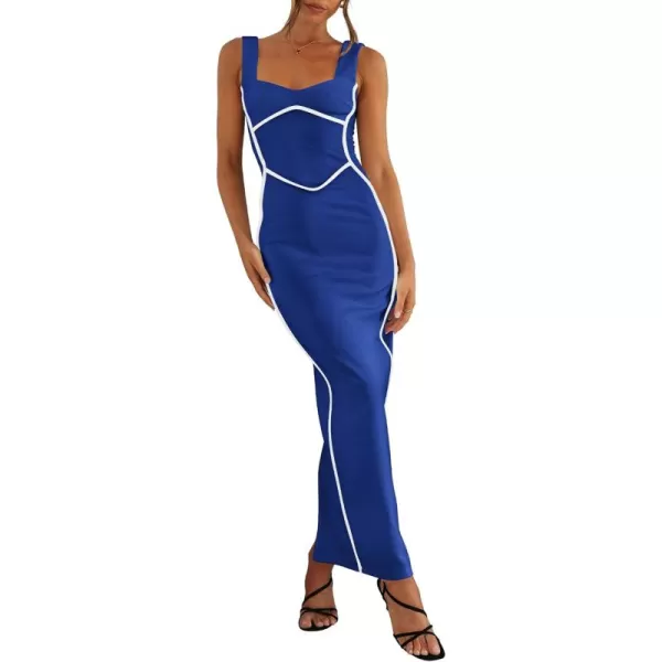BTFBM Women Maxi Bodycon Dresses Square Neck Sleeveless Contrast Binding Split Cocktail Party Club Tank Long Dress 2024Solid Royal Blue