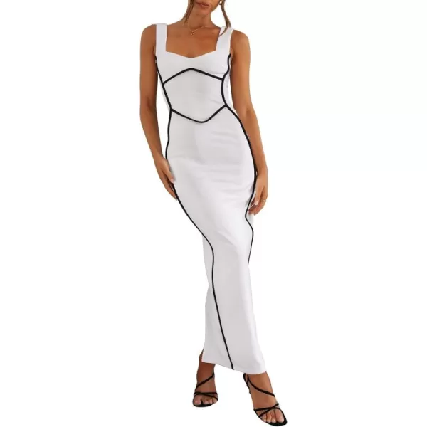 BTFBM Women Maxi Bodycon Dresses Square Neck Sleeveless Contrast Binding Split Cocktail Party Club Tank Long Dress 2024Solid White
