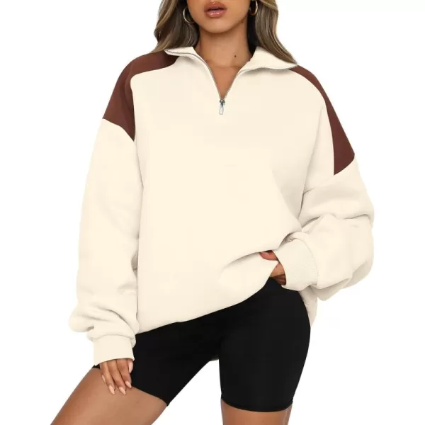 BTFBM Women Oversized Sweatshirt 2024 Fall Winter 14 Zip Long Sleeve Activewear Color Block Casual Y2k Pullover TopsBeige