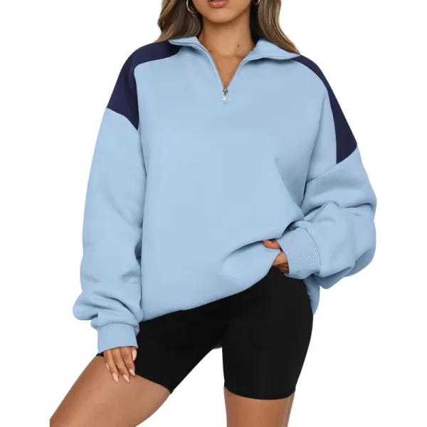 BTFBM Women Oversized Sweatshirt 2024 Fall Winter 14 Zip Long Sleeve Activewear Color Block Casual Y2k Pullover TopsLight Blue