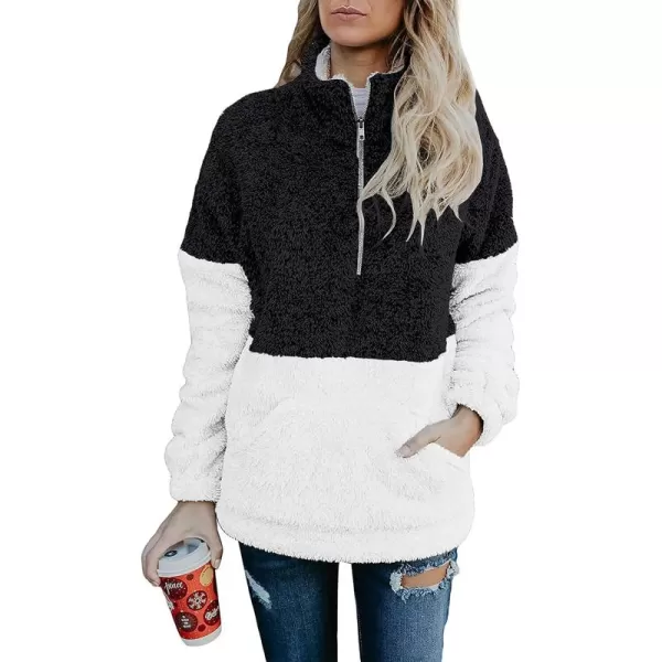 BTFBM Women Sherpa Pullover Quarter Zip Long Sleeve Fluffy Soft Fleece Jackets Sweaters Sweatshirts Hoodies Outwear CoatBlack
