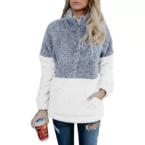 BTFBM Women Sherpa Pullover Quarter Zip Long Sleeve Fluffy Soft Fleece Jackets Sweaters Sweatshirts Hoodies Outwear CoatBlue
