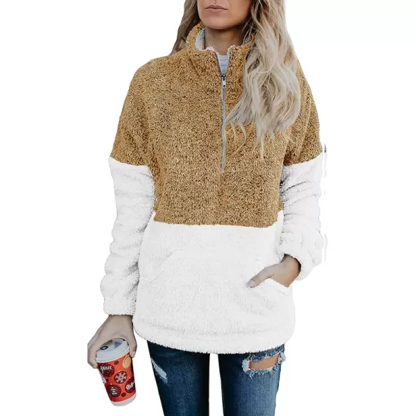 BTFBM Women Sherpa Pullover Quarter Zip Long Sleeve Fluffy Soft Fleece Jackets Sweaters Sweatshirts Hoodies Outwear CoatBrown