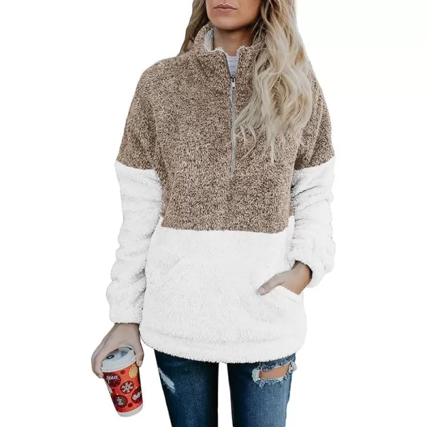 BTFBM Women Sherpa Pullover Quarter Zip Long Sleeve Fluffy Soft Fleece Jackets Sweaters Sweatshirts Hoodies Outwear CoatKhaki 2