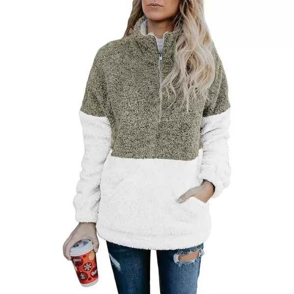 BTFBM Women Sherpa Pullover Quarter Zip Long Sleeve Fluffy Soft Fleece Jackets Sweaters Sweatshirts Hoodies Outwear CoatKhaki