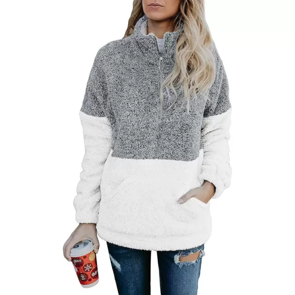 BTFBM Women Sherpa Pullover Quarter Zip Long Sleeve Fluffy Soft Fleece Jackets Sweaters Sweatshirts Hoodies Outwear CoatLight Grey