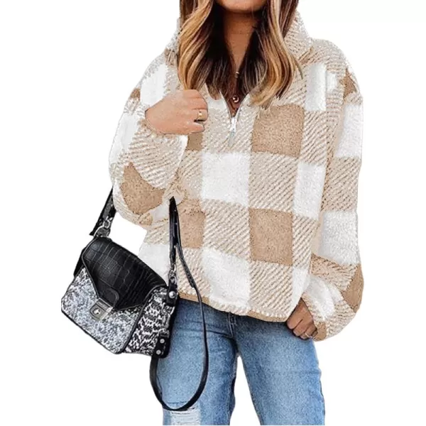 BTFBM Women Sherpa Pullover Quarter Zip Long Sleeve Fluffy Soft Fleece Jackets Sweaters Sweatshirts Hoodies Outwear CoatPlaid Apricot