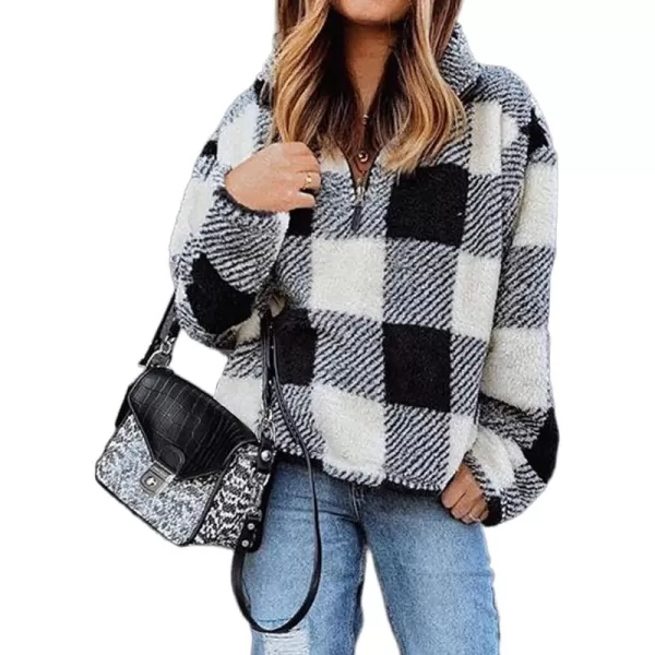 BTFBM Women Sherpa Pullover Quarter Zip Long Sleeve Fluffy Soft Fleece Jackets Sweaters Sweatshirts Hoodies Outwear CoatPlaid Black